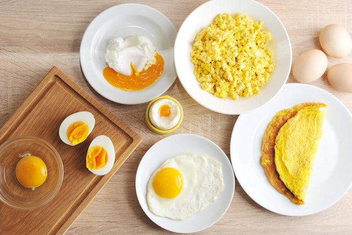 Various ways of cooking chicken eggs. Omelette, poached, soft-boiled, hard-boiled, fried, scrambled eggs.