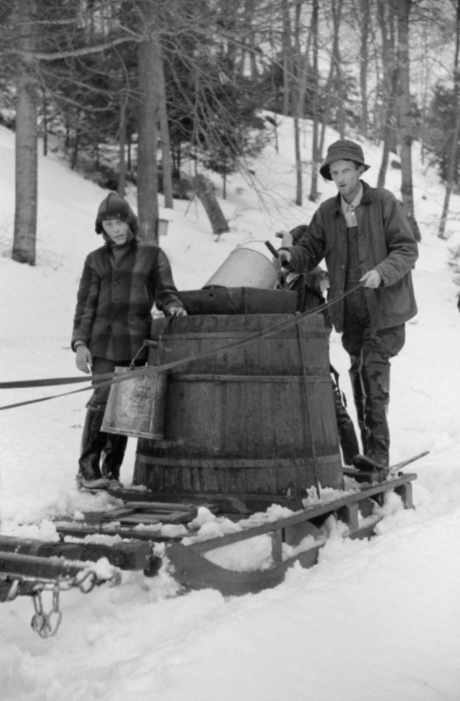 VARIOUS Father and Son on Sled with Vat full of Sap from Sugar Maple Trees, Waitsfield, Vermont, USA, Marion Post Wolcott for Farm Security Administration, April 1940