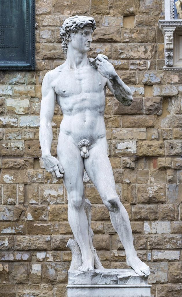 VARIOUS Marble statue David by Michelangelo in front of Palazzo Vecchio, Piazza della Signoria, Florence, Italy