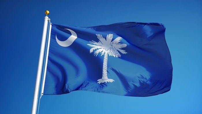 South Carolina (U.S. state) flag waving against clear blue sky, close up, isolated with clipping path mask alpha channel transparency, perfect for film, news, composition