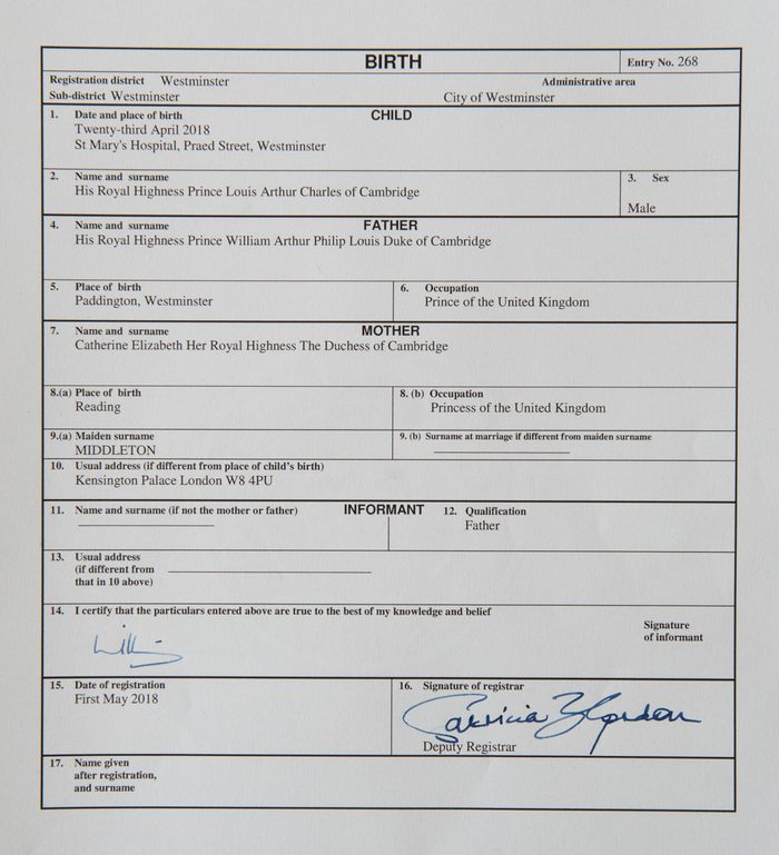 The official birth register entry of Prince Louis Arthur Charles of Cambridge - 01 May 2018