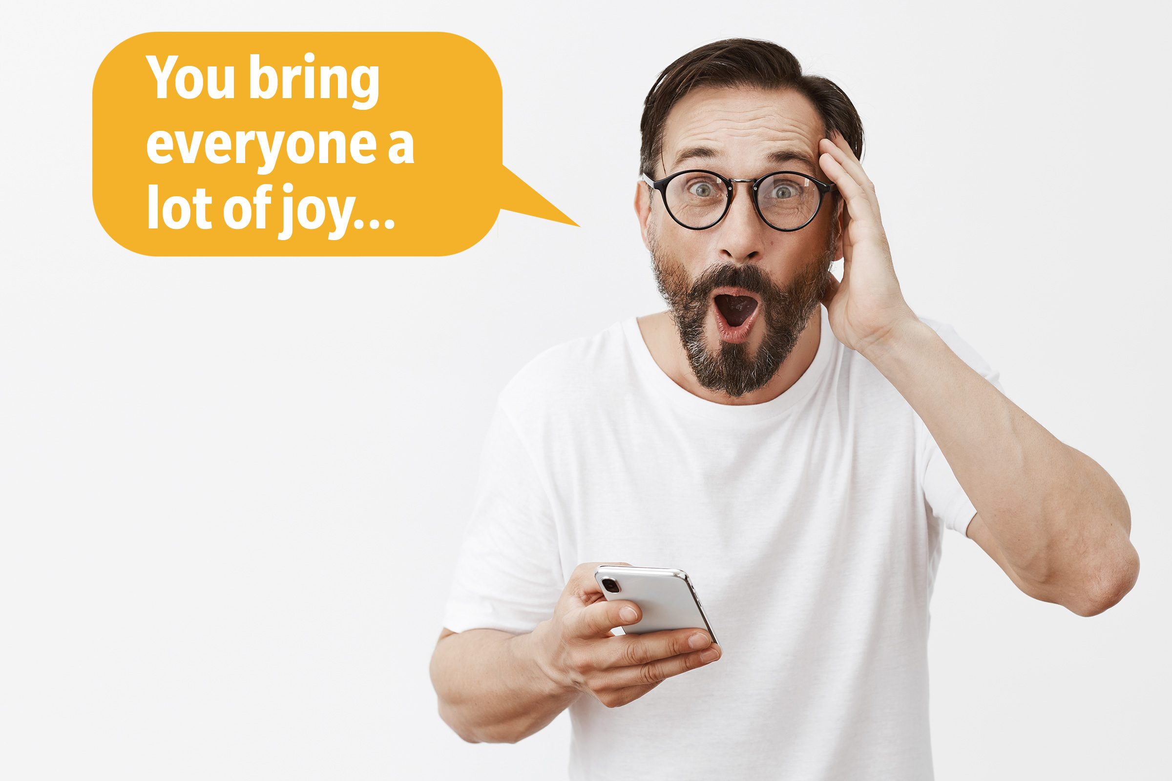 Surprised man delivering a comeback roast, speech bubble text: "You bring everyone a lot of joy..."