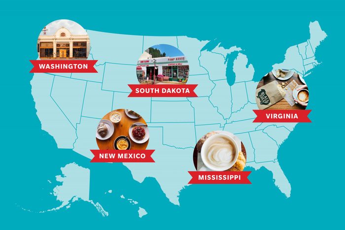 Illustration featuring 5 of the Best Coffee Shops In the US on a map