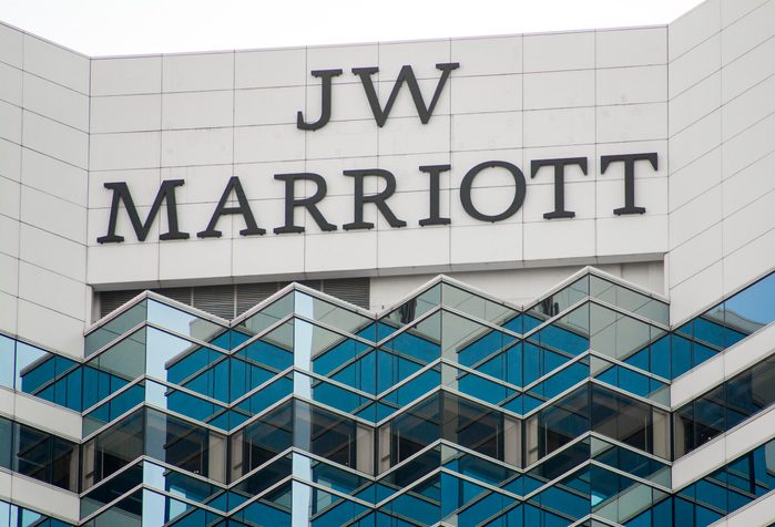 ADMIRALTY, HONG KONG - DEC 21, 2017: Logo of JW Marriott Hotel on the roof of the building. JW Marriott locates on top of Pacific Place Mall.