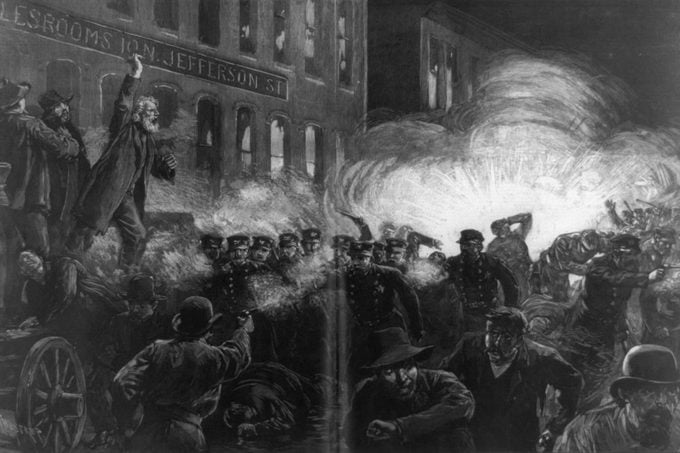 Art - various The Haymarket Riot in Chicago as dynamite Bomb set by anarchists explodes among the police, Drawn by Thure de Thulstrup from sketches and photos furnished by H. Jeaneret and illustrated in Harper's Weekly, May 15, 1886