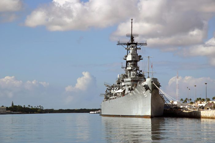 Battleship Missouri Memorial at Pearl Harbor in Honolulu on the island of O'ahu. Japan surrendered aboard the deck to end WW2.