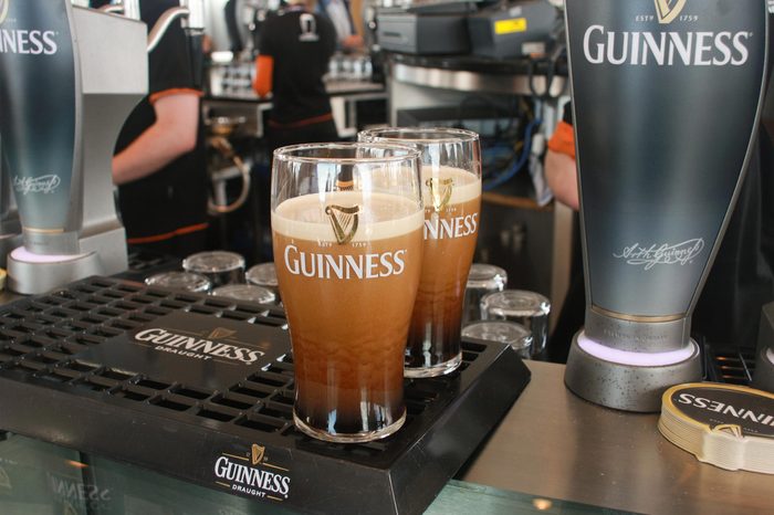 DUBLIN, IRELAND - JUNE 19, 2008: Two pints of beer served at The Guinness Brewery on June 19, 2008. Brewery where 2.5 million pints of stout are brewed daily was founded by Arthur Guinness in 1759