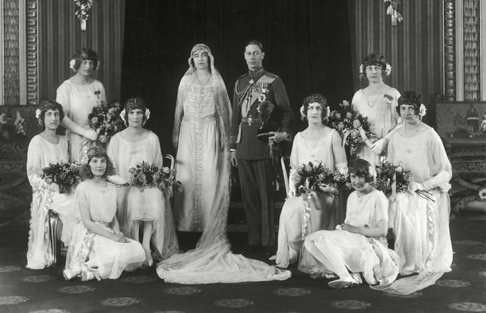Historical Collection 166 Wedding Group Photograph On the Occasion of the Marriage of Lady Elizabeth Bowes-lyons (later Duchess of York Queen Elizabeth and the Queen Mother) to Albert Duke of York On 26th April 1923 at Westminster Abbey the Couple Pose with Their Eight Bridesmaids the Bride's Medieval Style Dress Was Designed by Madame Handley-seymour 1923