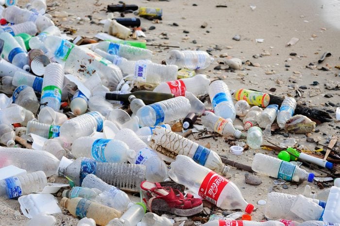 KOTA KINABALU, MALAYSIA - MARCH 13, 2016: Garbage and plastic bottles on a beach left in Kota Kinabalu beach.