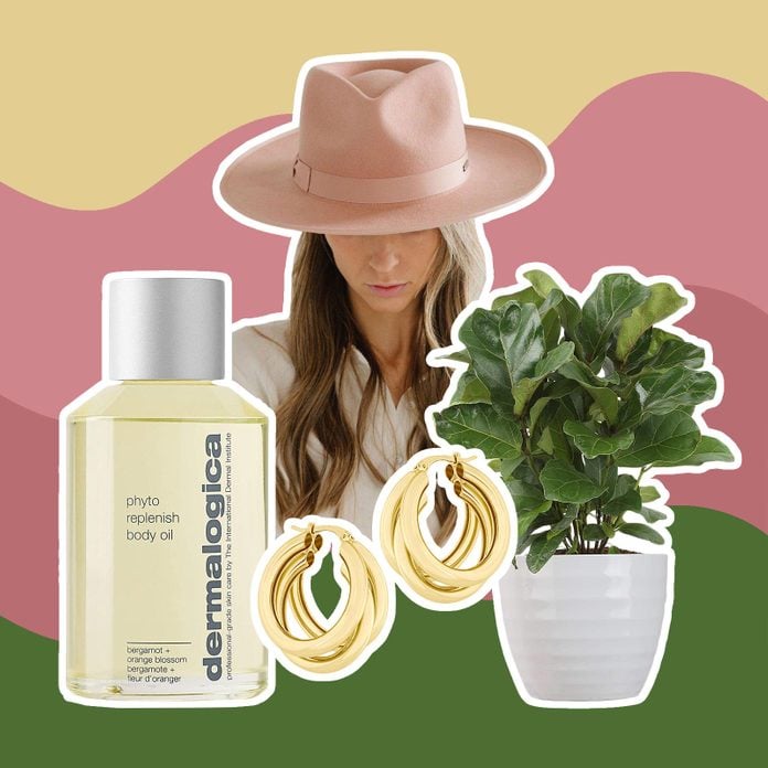 collage of mother's day gifts: potted plant, hoop earrings, body oil, pink hat