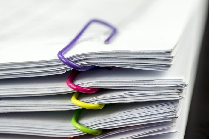 Multicolored paper clips on paperwork