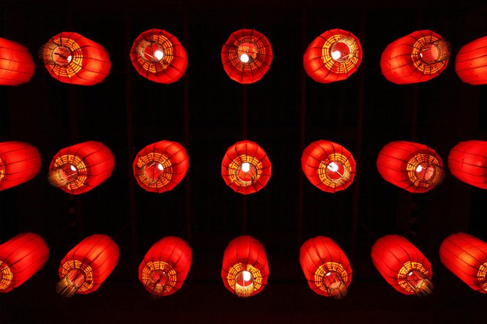 Many red chinese lanterns from below