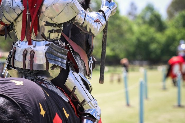 Two knights compete during re-enactment of medieval jousting tournament