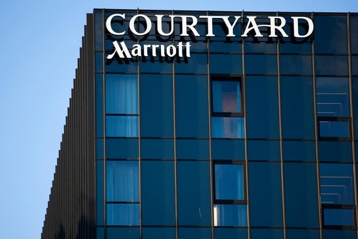 Vilnius/Lithuania February 22, 2019 Courtyard Marriott logo on their main hotel in Vilnius