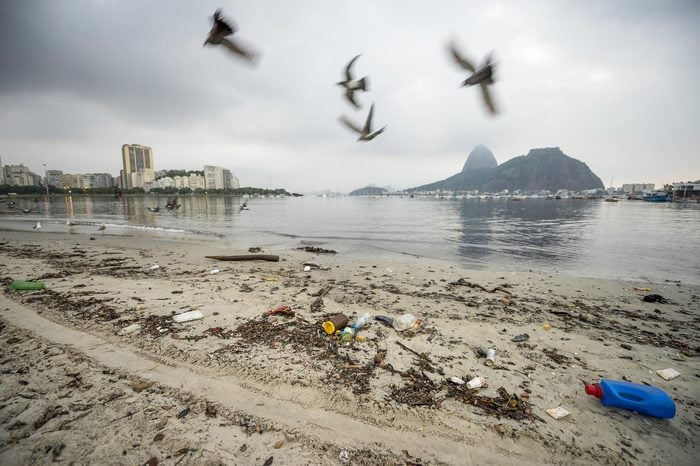 Garbage and pollution from Guanabara Bay wash ashore on Botafogo Beach in front of Sugarloaf Mountain in Rio de Janeiro, Brazil