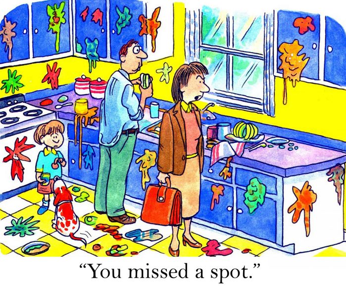 working woman comes homes to messy kitchen cartoon