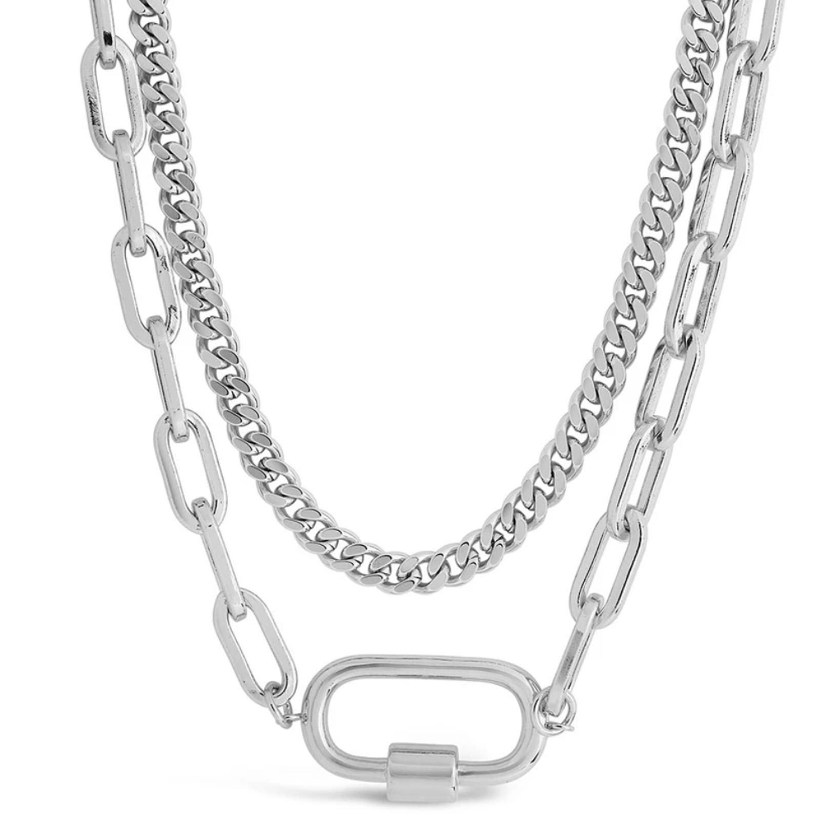 Sterling Forever Polished Carabiner Layered Chain Necklace
