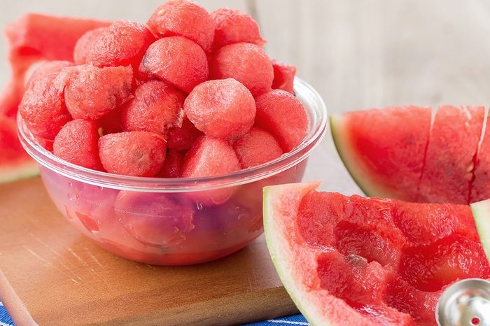Fruit salad with watermelon balls.