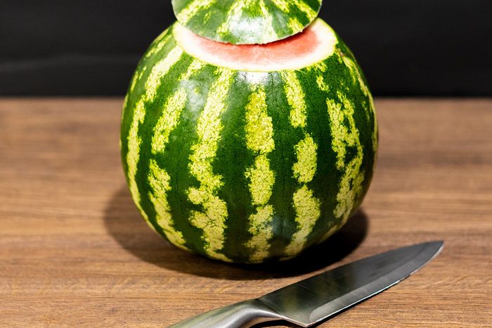 Watermelon on a wooden table.