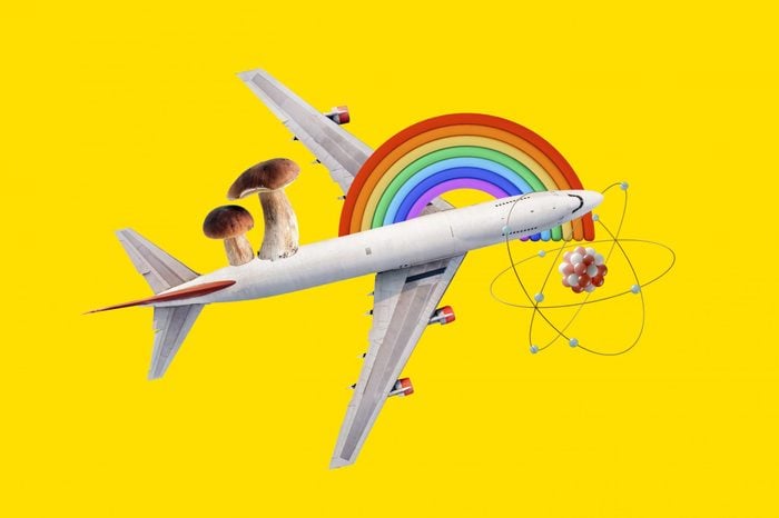 collage of scientific concepts; a mushroom, airplane, rainbow, and atom