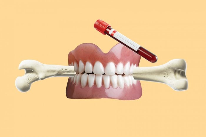 scientific concepts collage; blood, teeth, bone