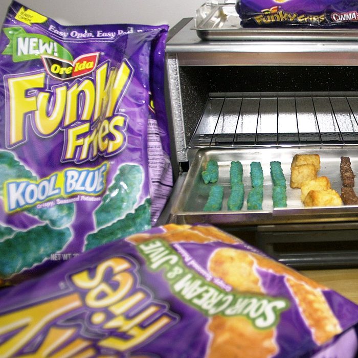 Mandatory Credit: Photo by Keith Srakocic/AP/REX/Shutterstock (6456698a) BAKED FUNKY FRIES Packages of the new "Funky Fries" that the H.J. Heinz Co. is marketing through their Ore-Ida brand surround a toaster oven with the "Kool Blue," left, "Crunchy Rings," center, and "Cocoa Crispers," right, varieties prepared in Pittsburgh, . Beginning in May, H.J. Heinz Co. will ship a new line of Ore-Ida frozen potato products called ''Funky Fries'' featuring five new shapes, colors and flavors, all intended to give kids even more say over their parents' grocery store lists FUNKY FRIES, PITTSBURGH, USA