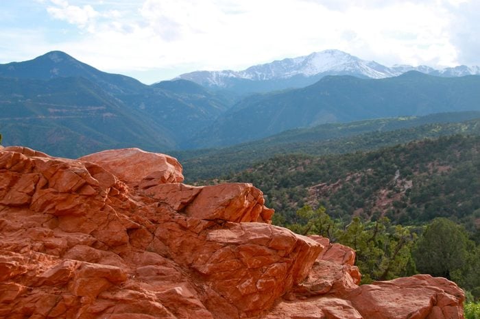 View of Pikes Peak from Garden of the Gods Park in Colorado Springs, Colorado