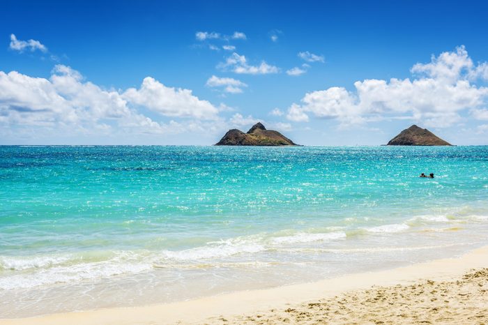 Mokulua Islands as seen from Lanikai Beach in Oahu, Hawaii, USA