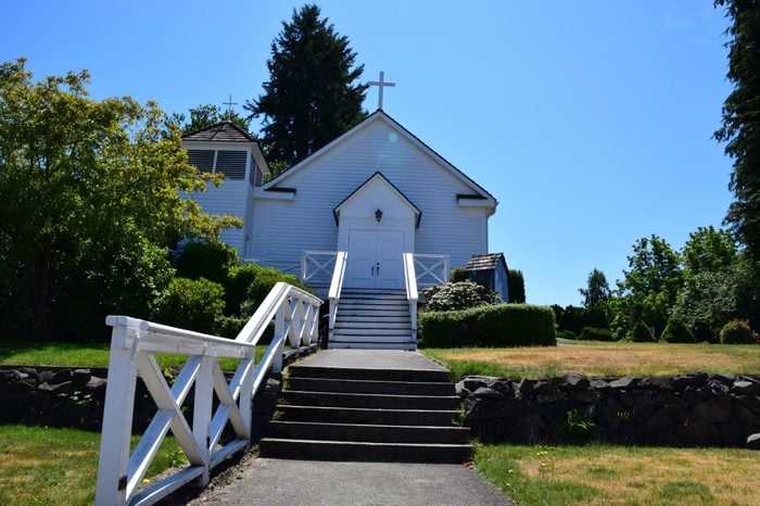Immaculate Conception, one of the first churches to be erected in Washington Territory in 1855 by Soldiers at Fort Steilacoom. It was moved to Steilacoom city in 1864. Picture taken on 14 July 2017.