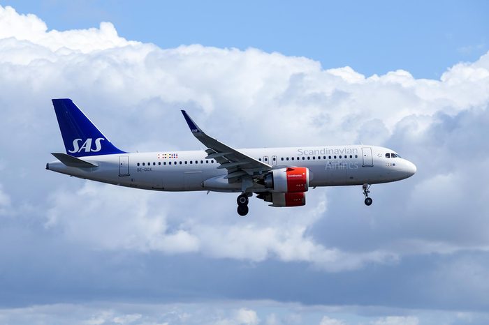 Arlanda, Stockholm, Sweden - April 27, 2018: Scandinavian Airlines, SAS, Airbus A320-251N fly by and landing at Stockholm Arlanda Airport / ARN. Jet aircraft / plane.