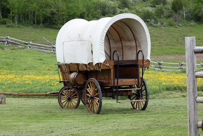 covered wagon in green field near trees and fence
