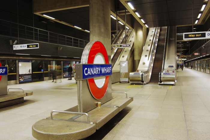 The underground station of Canary Wharf. Canary Wharf is a new directional district built on the old docks.