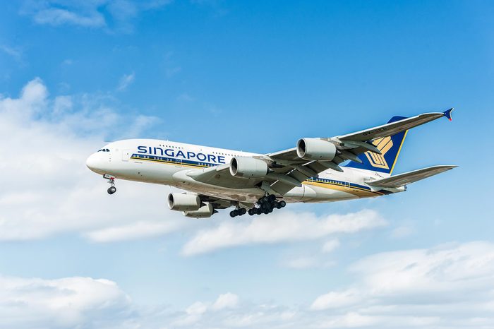 LONDON, ENGLAND - AUGUST 22, 2016: 9V-SKB Singapore Airlines Airbus A380 Landing in Heathrow Airport, London.