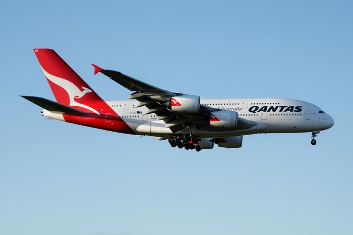 LONDON / UNITED KINGDOM - APRIL 26, 2016: Qantas Airways Airbus A380 VH-OQD passenger plane landing at London Heathrow Airport