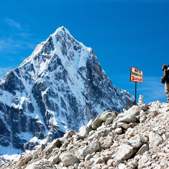 signpost way to mount everest b.c., Khumbu glacier and man, Nepal Himalayas mountains
