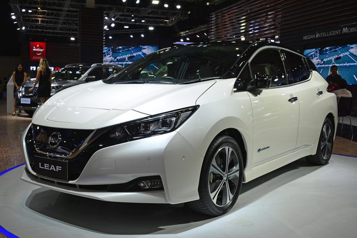 MANILA, PH - OCT. 27: Nissan Leaf electric car at Philippine International Motor Show on October 27, 2018 in Manila, Philippines. Philippine International Motor Show is a showcase of latest cars.