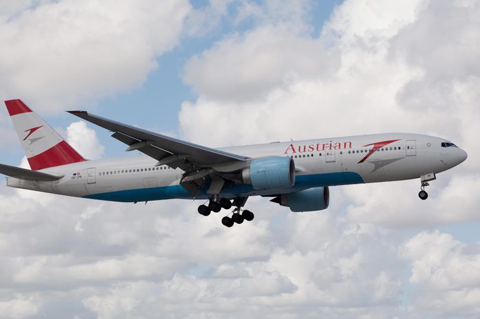 MIAMI, USA - October 22, 2015: Austrian Airlines Boeing 777 Landing at the Miami International Airport.