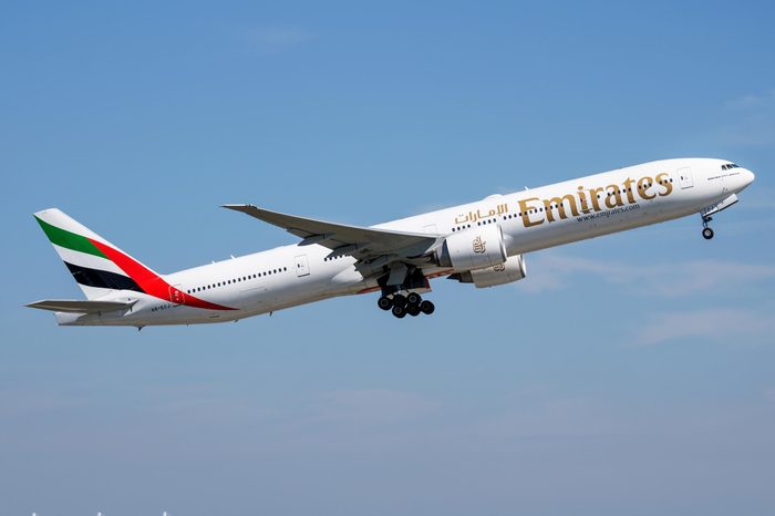 MUNICH / GERMANY - JULY 18, 2017: Emirates airlines Boeing 777-300ER A6-ECJ passenger plane departure at Munich Airport