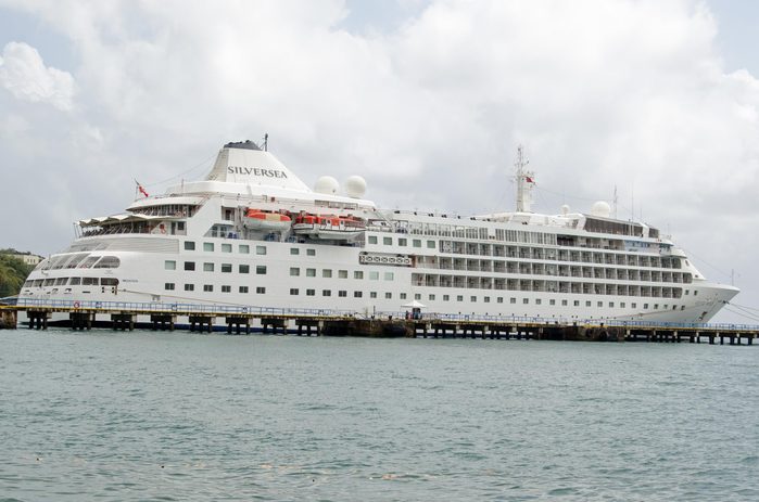 SCARBOROUGH, TRINIDAD AND TOBAGO - JANUARY 11, 2019: The cruise ship Silver Wind docked in the deep water harbour of Scarborough on the island of Tobago. Part of the Silversea line of ships.
