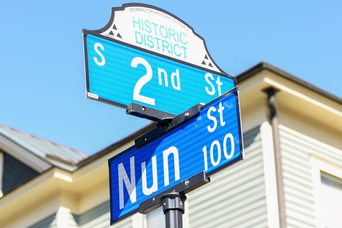 WILMINGTON, NC - March 22, 2018: Signs depicting the corner of 2nd Street and Nun Street in the Historic District of Wilmington, NC are a popular sight for the similarity to 'second to none'