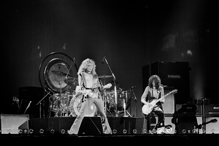 Uniondale, NY / USA - February 13, 1975: Robert Plant and Jimmy Page of legendary rock band Led Zeppelin perform at Nassau Coliseum on their 1975 North American tour
