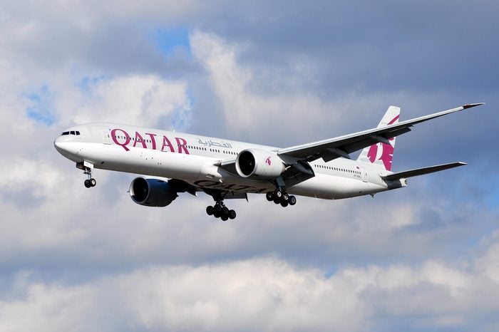 FRANKFURT,GERMANY-FEBR 25:Boeing 777 of Qatar Airways above the Frankfurt airport on February 25,2016 in Frankfurt,Germany.Qatar Airways is the national airline of Qatar, based in Doha.