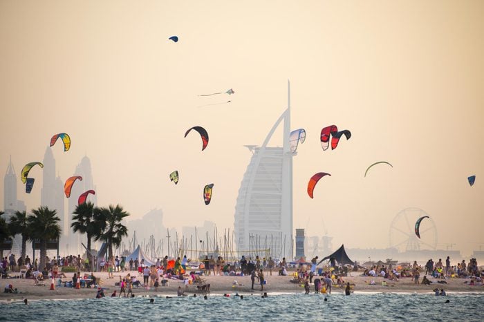 25/10/2017. Kite beach in Jumeirah, Dubai, United Arab Emirates. A stretch of the beach designated for the kite surfers. The iconic Burj Al Arab is seen on the background.