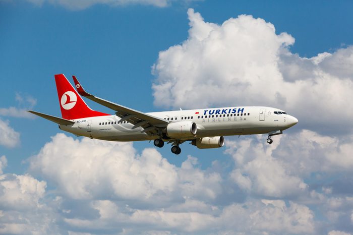 VNUKOVO, MOSCOW REGION, RUSSIA - 02 July, 2013: Airplanes at Vnukovo international airport. Turkish Airlines Boeing 737 landed on runway