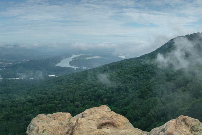 Panorama shot taken at Sunset Rock on Lookout Mountain in Chattanooga Tennessee. Misty morning overlooking the river.