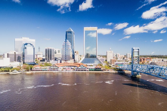 Aerial view of Jacksonville skyline on a sunny day, Florida, USA.
