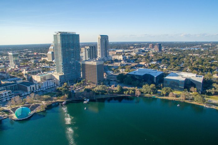 Orlando aerial skyline along Lake Eola.