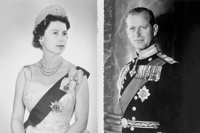 black and white side by side Portraits of Queen Elizabeth II and Prince Philip in Royal Attire