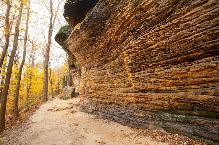 Sedimentary rock outcrop of the Ritchie Ledges along a hiking trail in Cuyahoga Valley National Park near Cleveland, Ohio.