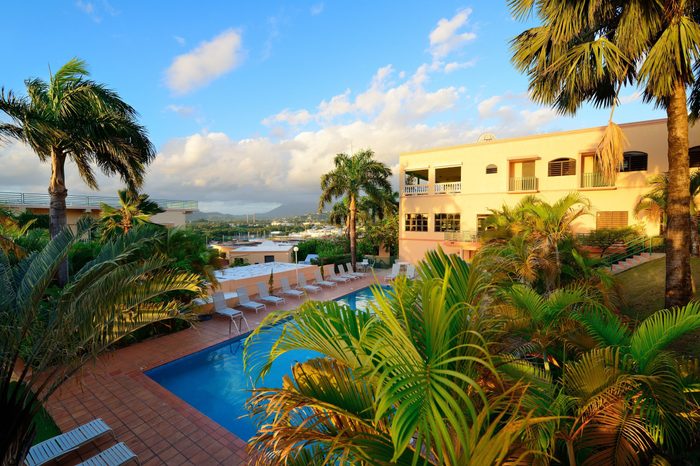Vacation resort over mountain with beautiful color in the morning in San Juan, Puerto Rico.